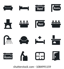 Set of vector isolated black icon - baby room vector, bed, shower, meeting, fireplace, hospital, plan, rent, rooms, cushioned furniture, door