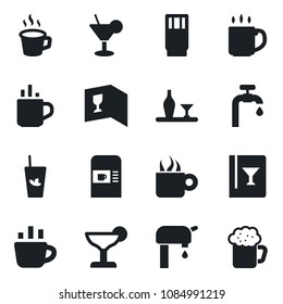 Set of vector isolated black icon - hot cup vector, coffee machine, water supply, alcohol, wine card, drink, cocktail, phyto bar, beer