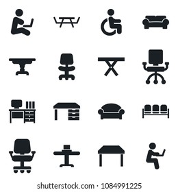 Set of vector isolated black icon - waiting area vector, office chair, desk, picnic table, disabled, cushioned furniture, restaurant, man with notebook