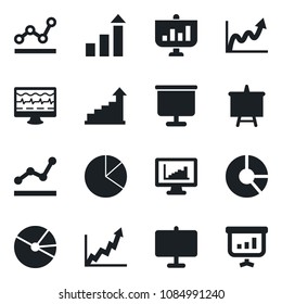 Set of vector isolated black icon - growth statistic vector, presentation board, circle chart, monitor pulse, statistics, pie graph, point