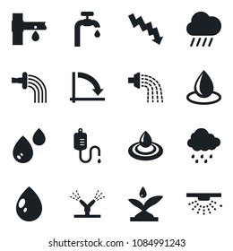Set of vector isolated black icon - crisis graph vector, watering, water drop, rain, drip irrigation, dropper, supply, sprinkler