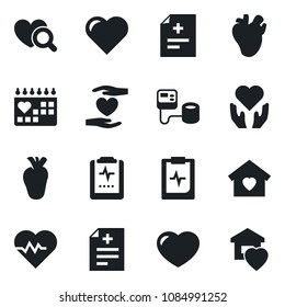 Set of vector isolated black icon - heart vector, pulse, diagnosis, blood pressure, diagnostic, hand, real, medical calendar, clipboard, sweet home