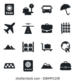 Set of vector isolated black icon - plane vector, runway, taxi, baggage trolley, airport bus, umbrella, passport, seat map, luggage storage, scales, globe, mountains, case