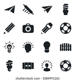 Set of vector isolated black icon - automatic door vector, bulb, camera, pencil, fence, rolling pin, energy saving, shining head, idea, paper plane, crisis management