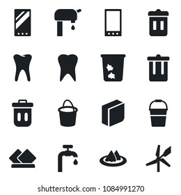 Set of vector isolated black icon - trash bin vector, bucket, tooth, mobile, blank box, water supply, serviette, windmill