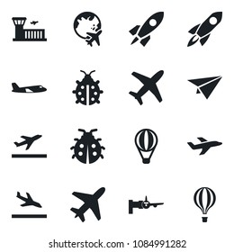 Set of vector isolated black icon - plane vector, departure, arrival, boarding, globe, airport building, lady bug, rocket, paper, air balloon