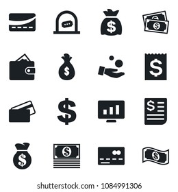 Set of vector isolated black icon - credit card vector, ticket office, dollar sign, money bag, statistic monitor, cash, receipt, wallet, investment