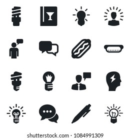 Set of vector isolated black icon - speaking man vector, pen, brainstorm, bulb, dialog, wine card, hot dog, energy saving, shining head, idea