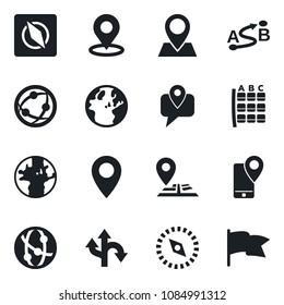Set of vector isolated black icon - seat map vector, route, navigation, earth, pin, mobile tracking, network, place tag, compass, flag