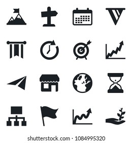 Set of vector isolated black icon - target vector, motivation, clock, pennon, earth, growth graph, calendar, flag, paper plane, hierarchy, storefront, guidepost, sand, palm sproute