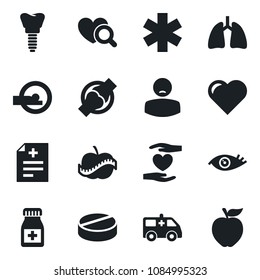 Set of vector isolated black icon - heart vector, diagnosis, diagnostic, pills, bottle, tomography, ambulance star, car, hand, lungs, implant, eye, joint, diet, patient, apple fruit