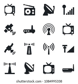 Set of vector isolated black icon - antenna vector, satellite, tv, radio, cellular signal, router