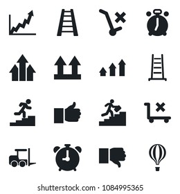 Set of vector isolated black icon - alarm clock vector, fork loader, ladder, up side sign, no trolley, finger, down, career, arrow graph, growth, air balloon