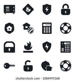 Set of vector isolated black icon - safe vector, flammable, protect, lock, key, estate insurance, home, combination, crisis management