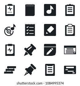 Set of vector isolated black icon - notepad vector, pulse clipboard, paper pin, notes, music, checklist, tray, schedule
