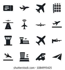 Set of vector isolated black icon - plane vector, airport tower, runway, radar, departure, arrival, ticket, ladder car, boarding, seat map, building, paper