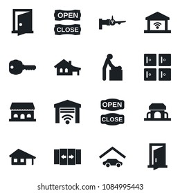 Set of vector isolated black icon - automatic door vector, baby room, boarding, checkroom, house with garage, key, cafe building, open close, gate control