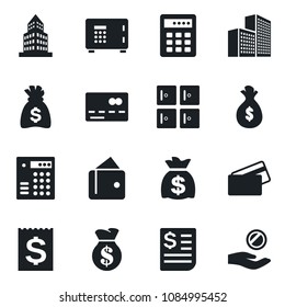 Set of vector isolated black icon - credit card vector, safe, checkroom, money bag, receipt, office building, combination lock, wallet, investment