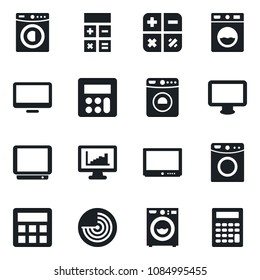 Set of vector isolated black icon - washer vector, radar, calculator, tv, monitor, statistics