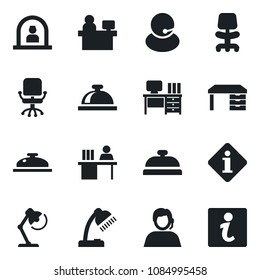 Set of vector isolated black icon - reception bell vector, office chair, desk, manager place, support, lamp, information