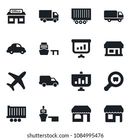 Set of vector isolated black icon - shop vector, store, plane, truck trailer, car delivery, sea port, search cargo, presentation, storefront