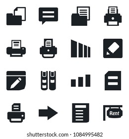 Set of vector isolated black icon - right arrow vector, document, printer, folder, sorting, message, notes, book, rent