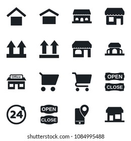 Set of vector isolated black icon - 24 around vector, shop, store, mobile tracking, warehouse storage, up side sign, cafe building, open close, cart, storefront
