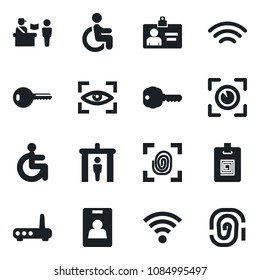 Set of vector isolated black icon - passport control vector, security gate, identity card, disabled, wireless, key, fingerprint, router, eye scan