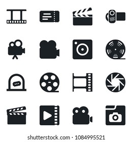 Set of vector isolated black icon - ticket vector, office, clapboard, film frame, reel, video camera, mobile, photo gallery