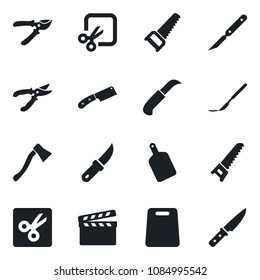 Set of vector isolated black icon - pruner vector, saw, garden knife, axe, scalpel, clapboard, cut, cutting board