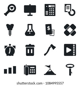 Set of vector isolated black icon - document reload vector, axe, heart diagnostic, patch, implant, sorting, alarm, video, presentation board, office phone, restaurant receipt, trash bin, motivation