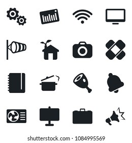 Set of vector isolated black icon - wind vector, case, notepad, patch, barcode, camera, monitor, bell, presentation board, wireless, ham, steaming pan, eco house, air conditioner, gear, advertising