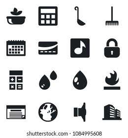 Set of vector isolated black icon - calculator vector, rake, water drop, flammable, speaker, music, calendar, lock, salad, credit card, ladle, earth, schedule, office building
