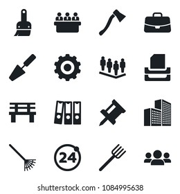 Set of vector isolated black icon - 24 around vector, gear, case, team, meeting, trowel, farm fork, rake, axe, bench, themes, drawing pin, office building, paper binder, tray, group