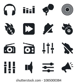 Set of vector isolated black icon - vinyl vector, flame disk, microphone, radio, speaker, settings, equalizer, headphones, fast forward, tuning, mute, advertising