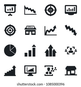 Set of vector isolated black icon - growth statistic vector, crisis graph, store, monitor statistics, pie, hr, target, arrow up, presentation, storefront