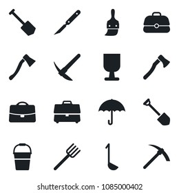 Set of vector isolated black icon - job vector, farm fork, bucket, axe, scalpel, fragile, umbrella, themes, case, ladle, hard work
