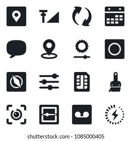 Set of vector isolated black icon - message vector, update, tuning, themes, record, scanner, sim, calendar, brightness, place tag, compass, eye id, cellular signal, charge
