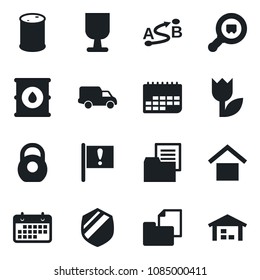 Set of vector isolated black icon - important flag vector, car delivery, term, folder document, fragile, warehouse storage, tulip, shield, heavy, oil barrel, search cargo, route