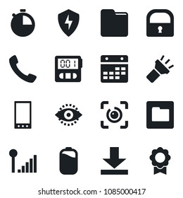 Set of vector isolated black icon - mobile vector, call, protect, stopwatch, folder, calendar, download, torch, lock, eye id, cellular signal, battery, sertificate
