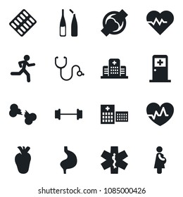 Set of vector isolated black icon - medical room vector, heart pulse, stethoscope, pills blister, ampoule, ambulance star, barbell, run, stomach, real, joint, broken bone, hospital, pregnancy