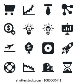 Set of vector isolated black icon - departure vector, rec button, rocket, growth graph, crisis, money search, idea, cart, social media, management, presentation, tie, tree, office building