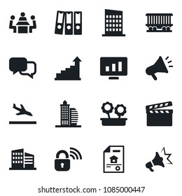 Set of vector isolated black icon - arrival vector, growth statistic, monitor, railroad, clapboard, dialog, paper binder, meeting, estate document, office building, flower in pot, city house