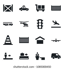 Set of vector isolated black icon - arrival vector, baggage conveyor, airport bus, escalator, alarm car, border cone, plane, helicopter, traffic light, cargo container, sea port, warehouse storage