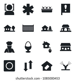 Set of vector isolated black icon - seedling vector, ambulance star, important flag, cargo container, record, data exchange, face id, house with tree, smart home, cook, egg stand, cafe building