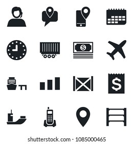 Set of vector isolated black icon - pin vector, plane, cash, office phone, support, mobile tracking, sea shipping, truck trailer, clock, term, receipt, port, container, sorting, rack
