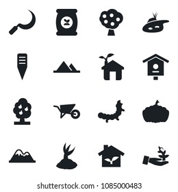 Set of vector isolated black icon - wheelbarrow vector, sproute, sickle, plant label, pumpkin, caterpillar, bird house, fertilizer, pond, fruit tree, mountains, eco, palm