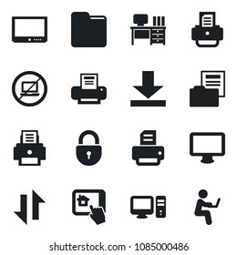 Set of vector isolated black icon - no laptop vector, lock, desk, printer, tv, monitor, folder, data exchange, download, document, pc, home control app, man with notebook