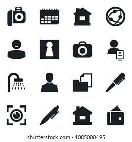 Set of vector isolated black icon - female vector, shower, pen, house, patient, term, folder document, camera, network, user, eye scan, wallet