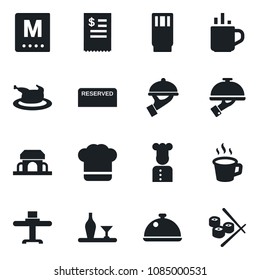 Set of vector isolated black icon - hot cup vector, coffee, cook, dish, alcohol, restaurant table, hat, menu, reserved, drink, waiter, cafe building, receipt, chicken, sushi